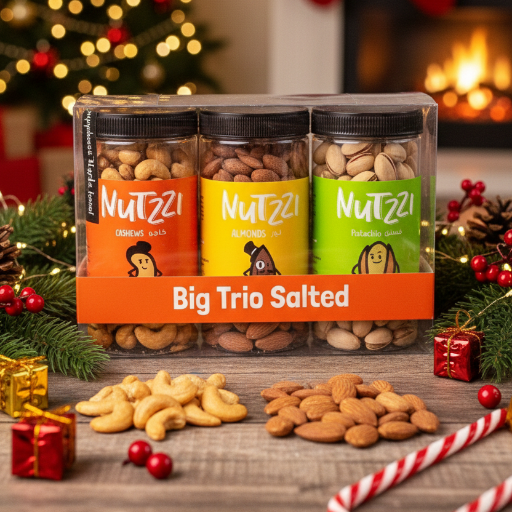 Nutri-belle Nutzii Big Trio Salted packaging with Christmas decorations in the background