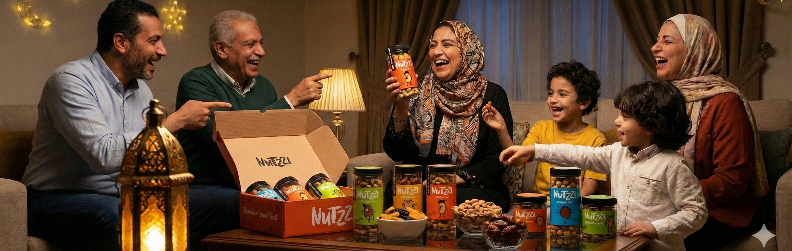 Family gathered around a table with Nutella products in a cozy living room setting.