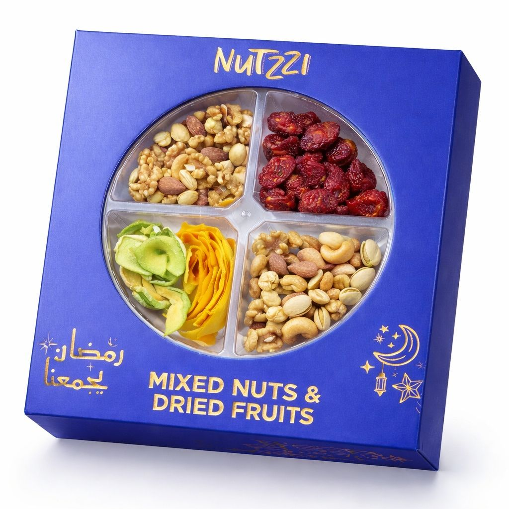 Blue box of Nutzzi mixed nuts and dried fruits on a white background