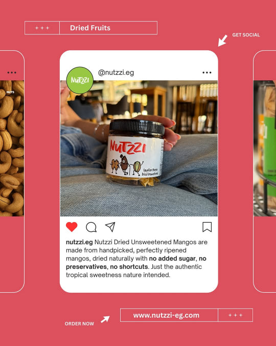 Phone screen displaying a Nutzzi jar of dried fruits with a red background