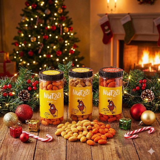 Three jars of Nutzzi snacks on a wooden table with Christmas decorations in the background.
