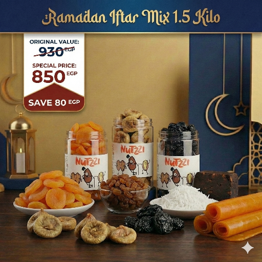 Assorted dried fruits and nuts with Nutzzz branding on a table, promotional sign above.